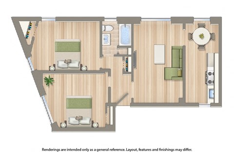 Floor plan for 2 beds, 1 bath, 785 sqft